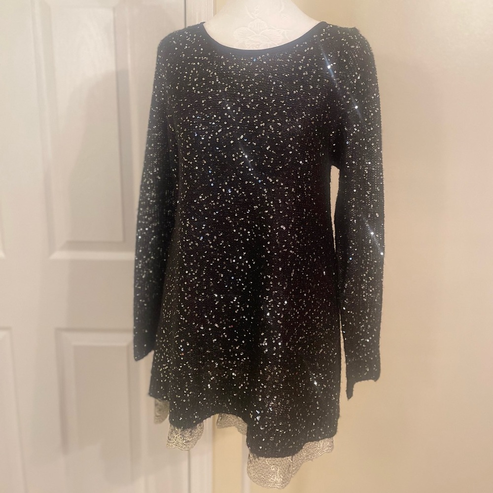 Black Sequined Sweater with Layered Lace Bottom
